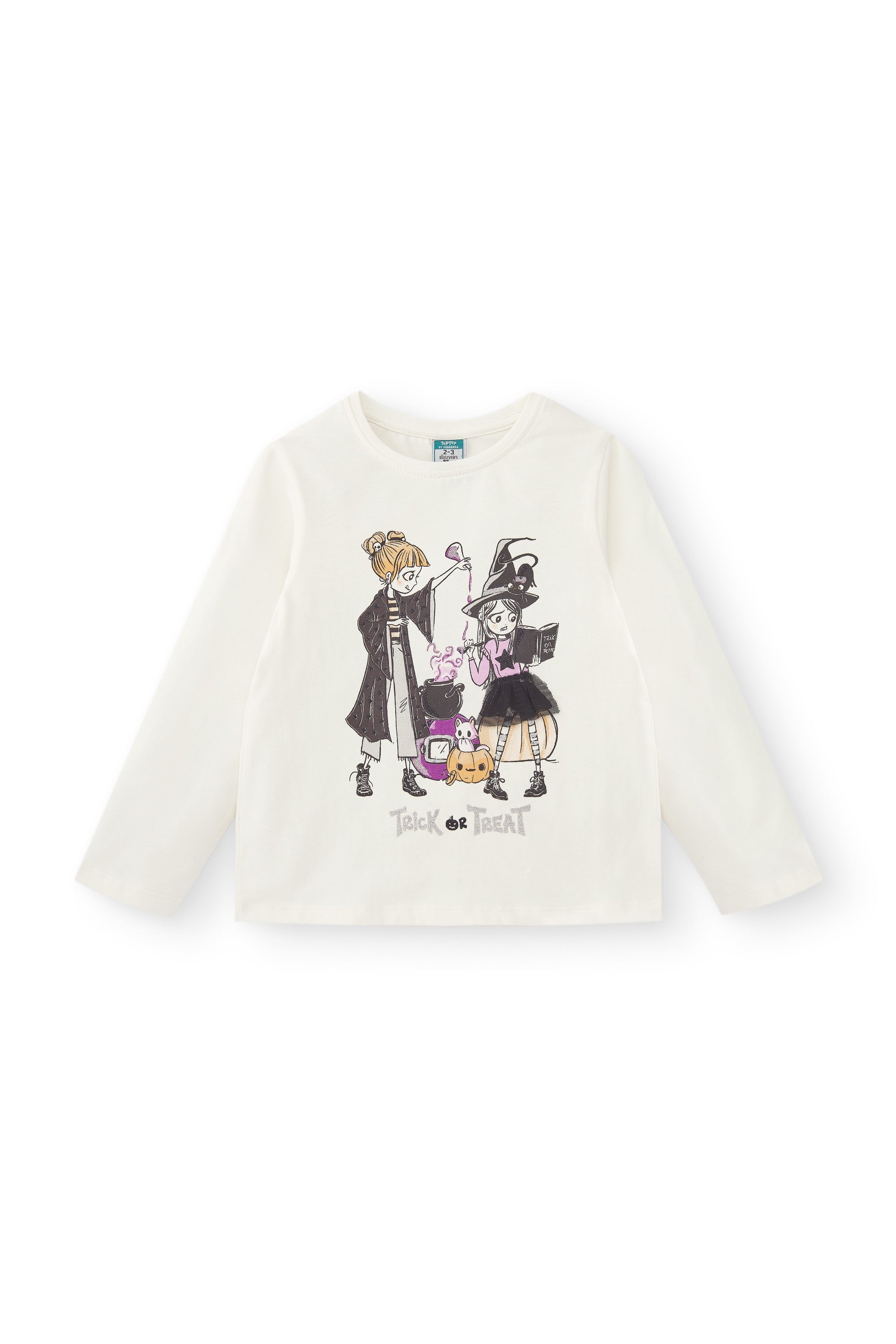 Camiseta de niña en color crudo con dibujo de brujas Charanga