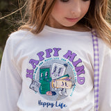 Girl's t-shirt in ecru color and purple drawing