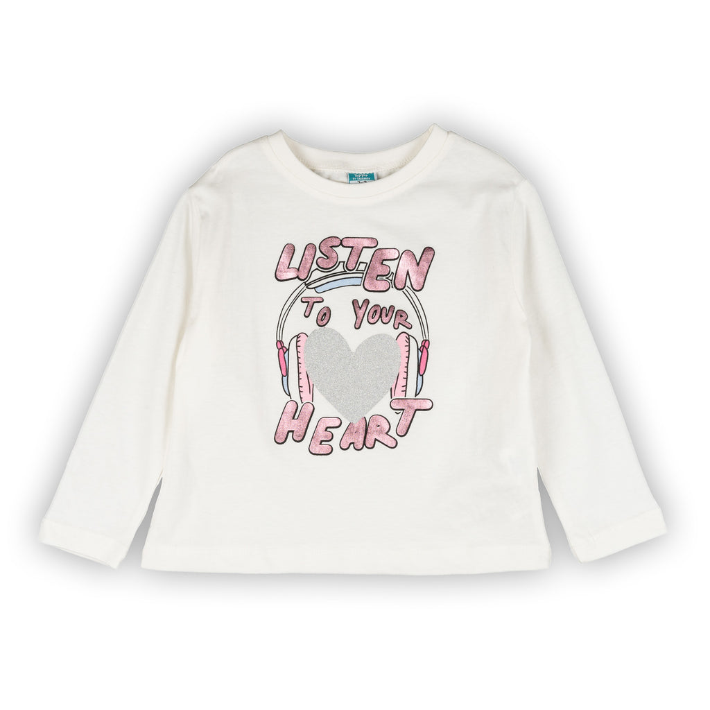 Camiseta de niña color crudo estampado de corazón Outlet