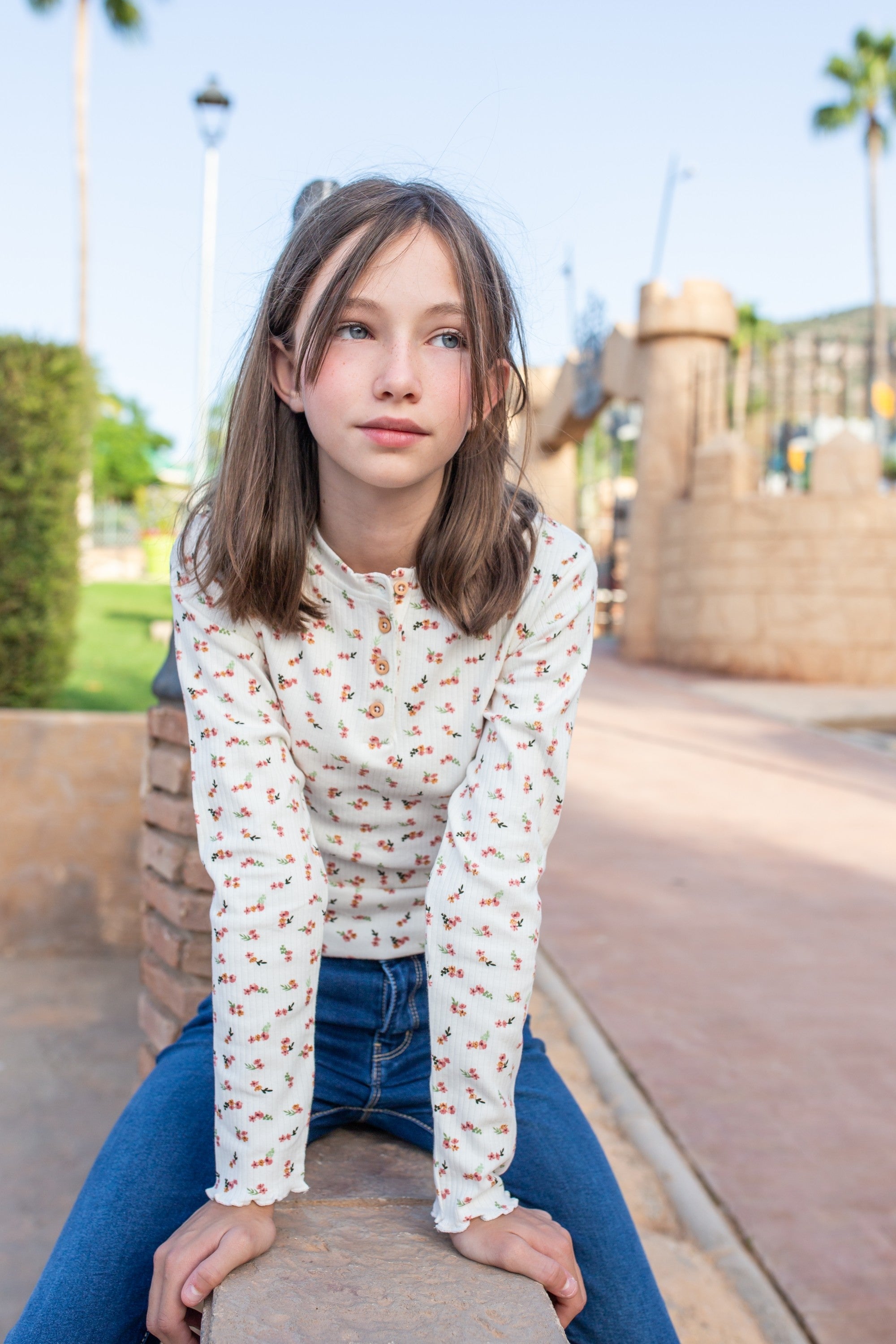 Camiseta de niña de manga larga estampado flores Outlet