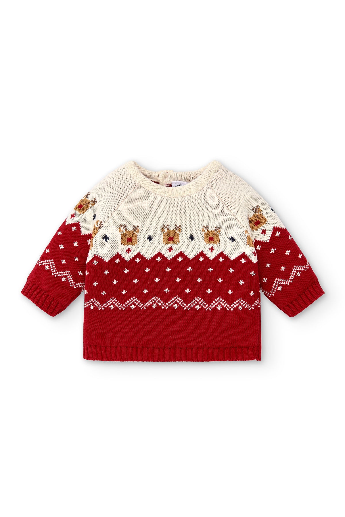 Jersey navideño multicolor para bebé recién nacido con renos, vista frontal fondo blanco Charanga