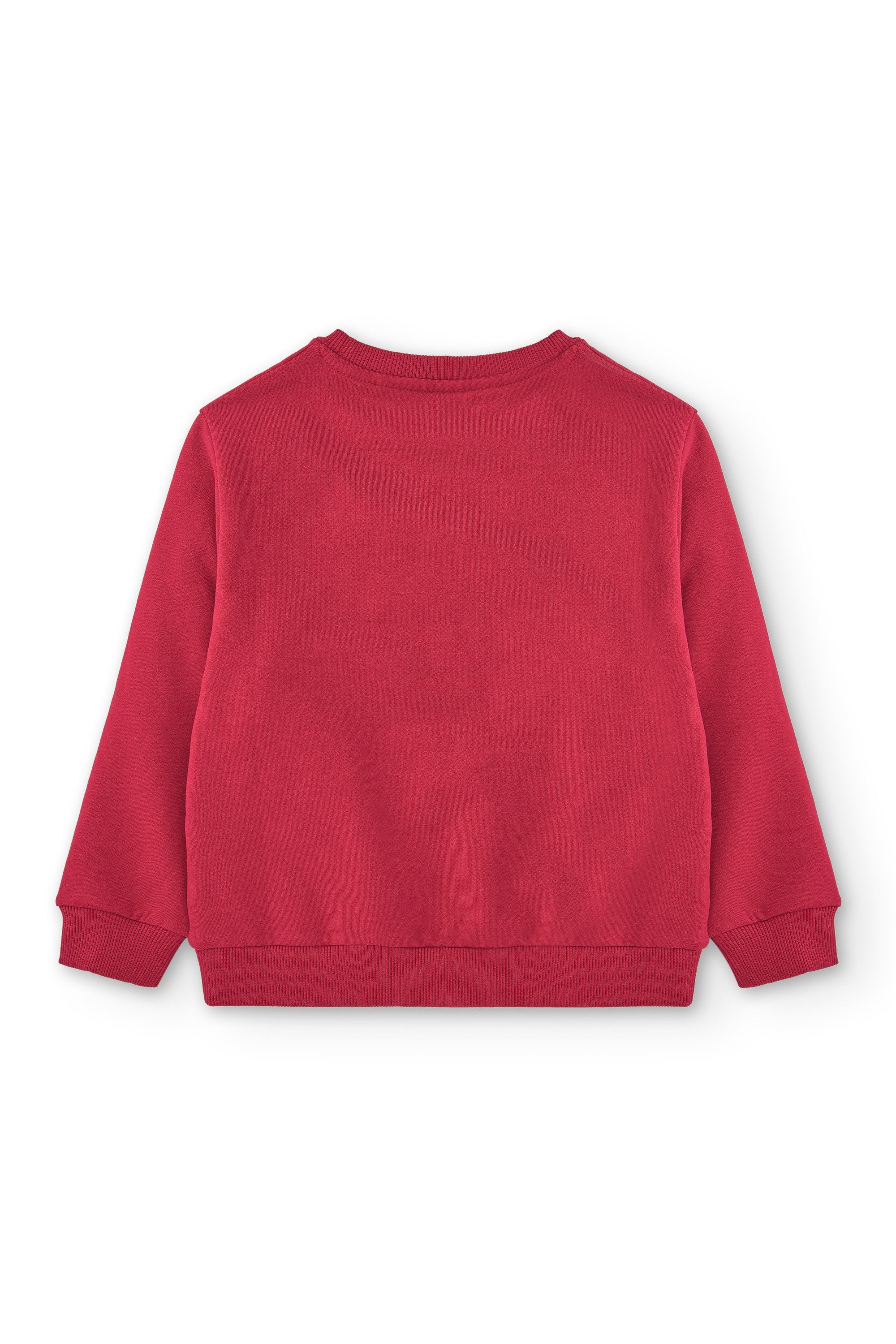 Detalle estampado navideño festivo en sudadera roja para niña primer plano Charanga